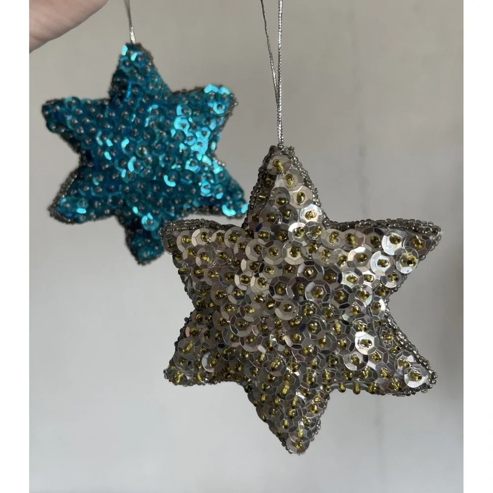 Five Vintage Sequin And Beaded Christmas Ornaments Stars Joy Tree‎ Stocking
